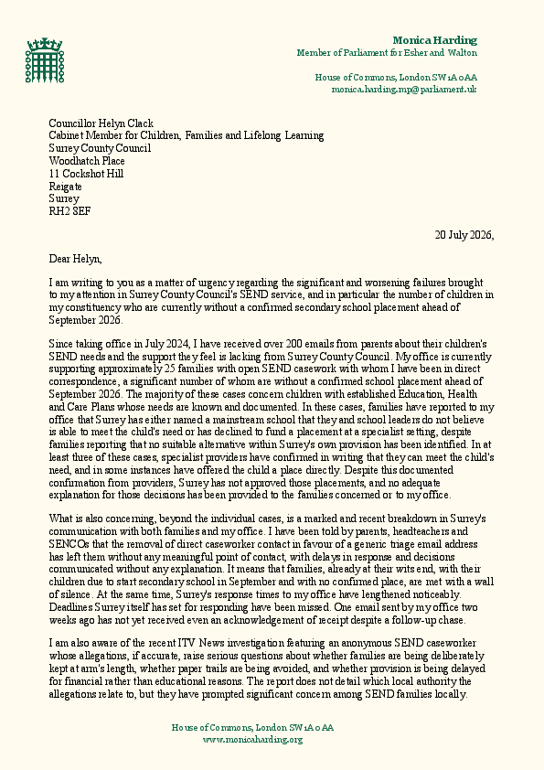 Monica Harding letter to Councillor Helyn Clack