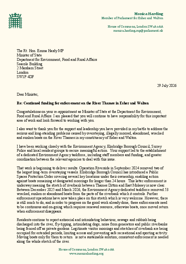 Monica Harding MP letter to Emma Hardy MP