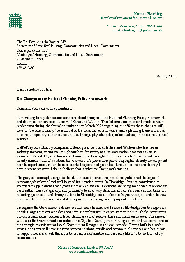 Monica Harding letter to Angela Rayner